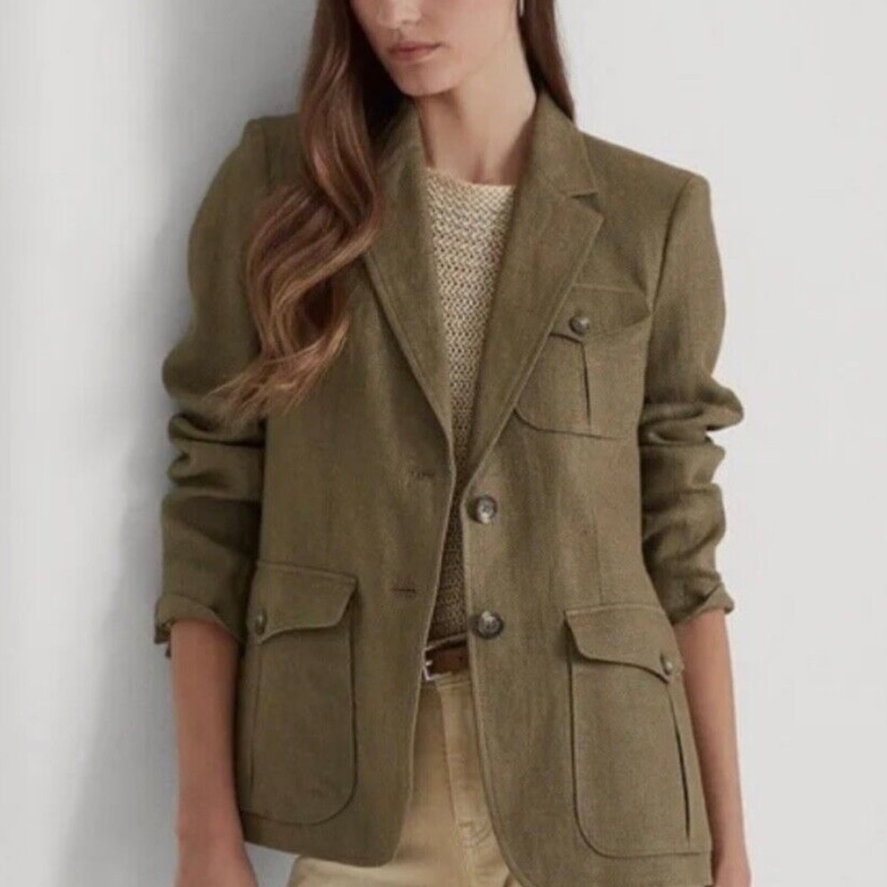 Lauren Ralph Lauren Herringbone Linen Blazer In Olive Fern Size 12 NWT $345 - Picture 3 of 12